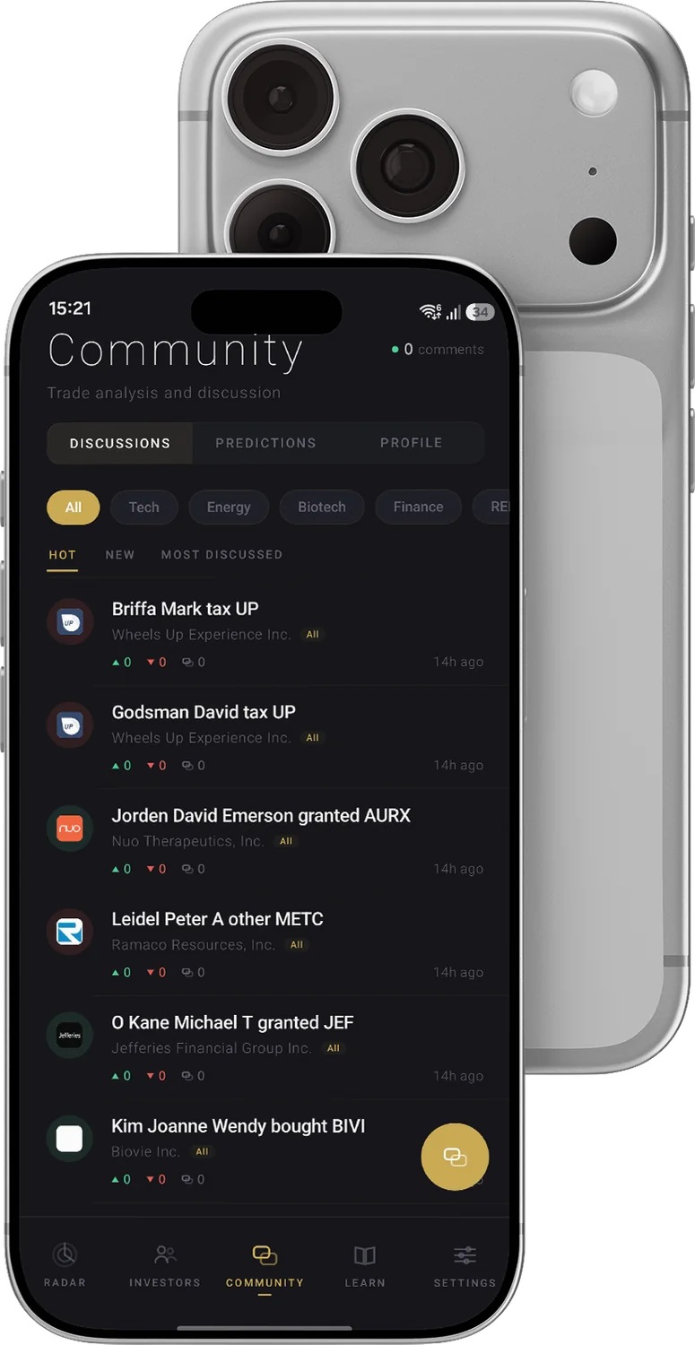 An iPhone showing Luminary's community board, where each thread is a filing: Wheels Up, Nuo Therapeutics, Ramaco Resources, Jefferies and Biovie, each with the person who filed and what they did.